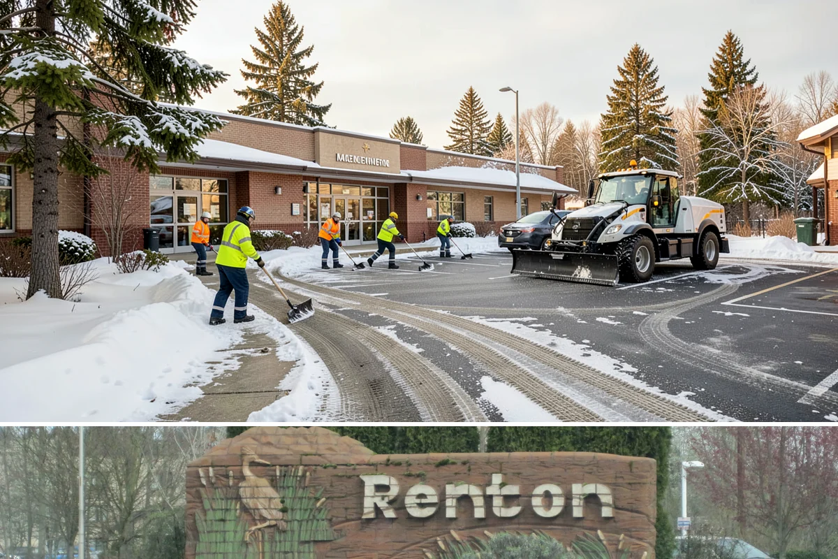 Office Parking Lot Snow Removal in Renton, King County, WA - Office lots need the most attention during December and January cold snaps when overnight temperatures dip below freezing after...