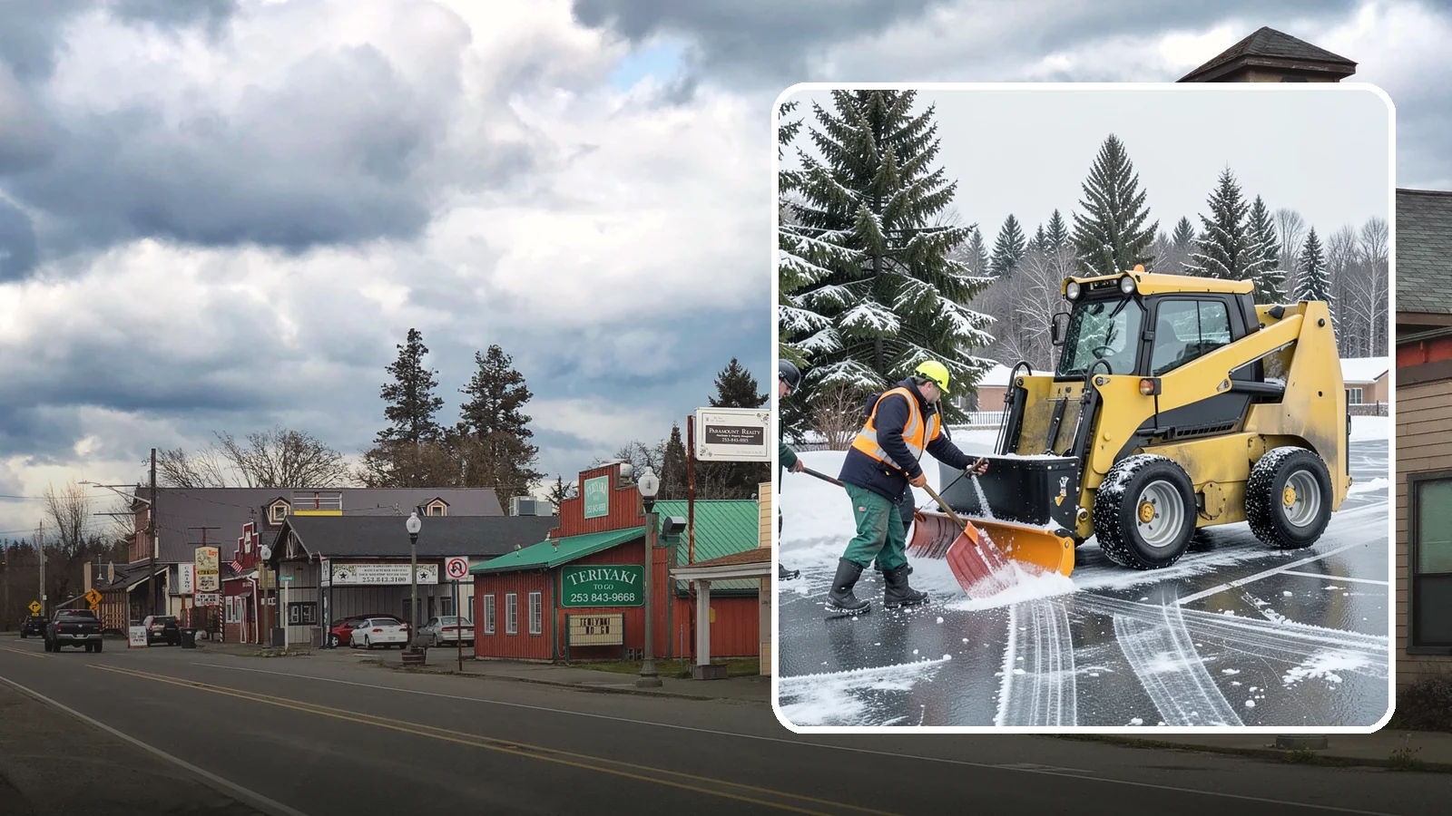 Office Parking Lot Snow Removal in Roy, Pierce County, WA - Keep your office lot open and safe for arriving employees and clients when a rare Western Washington snowfall or ice event hits.
