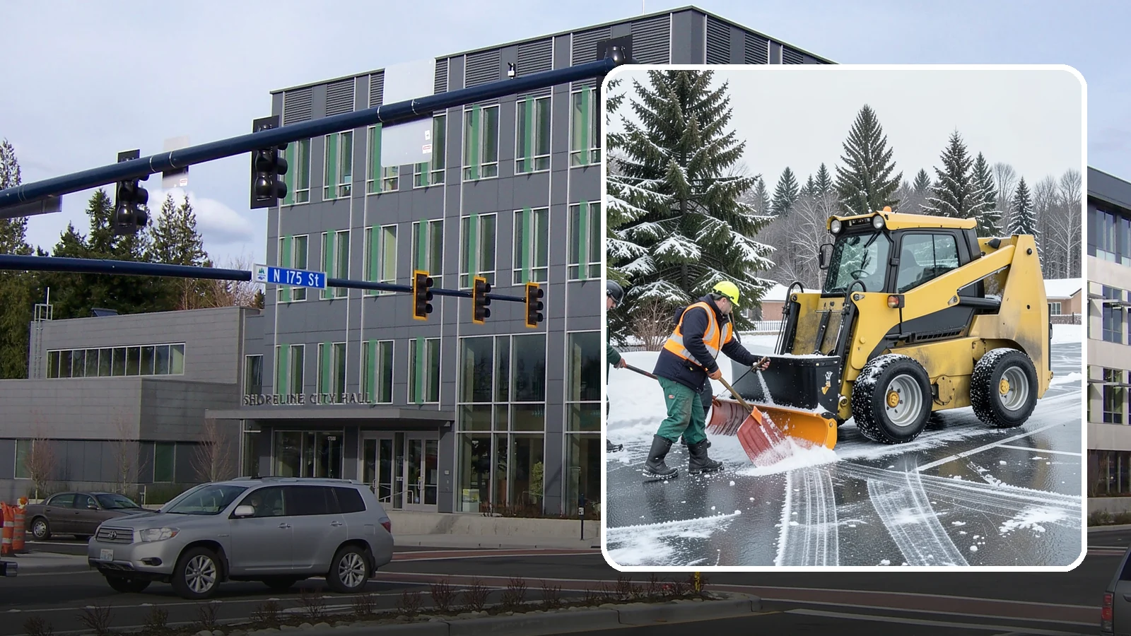 Office Parking Lot Snow Removal in Shoreline, King County, WA - Keep your office lot open and safe for arriving employees and clients when a rare Western Washington snowfall or ice event hits.