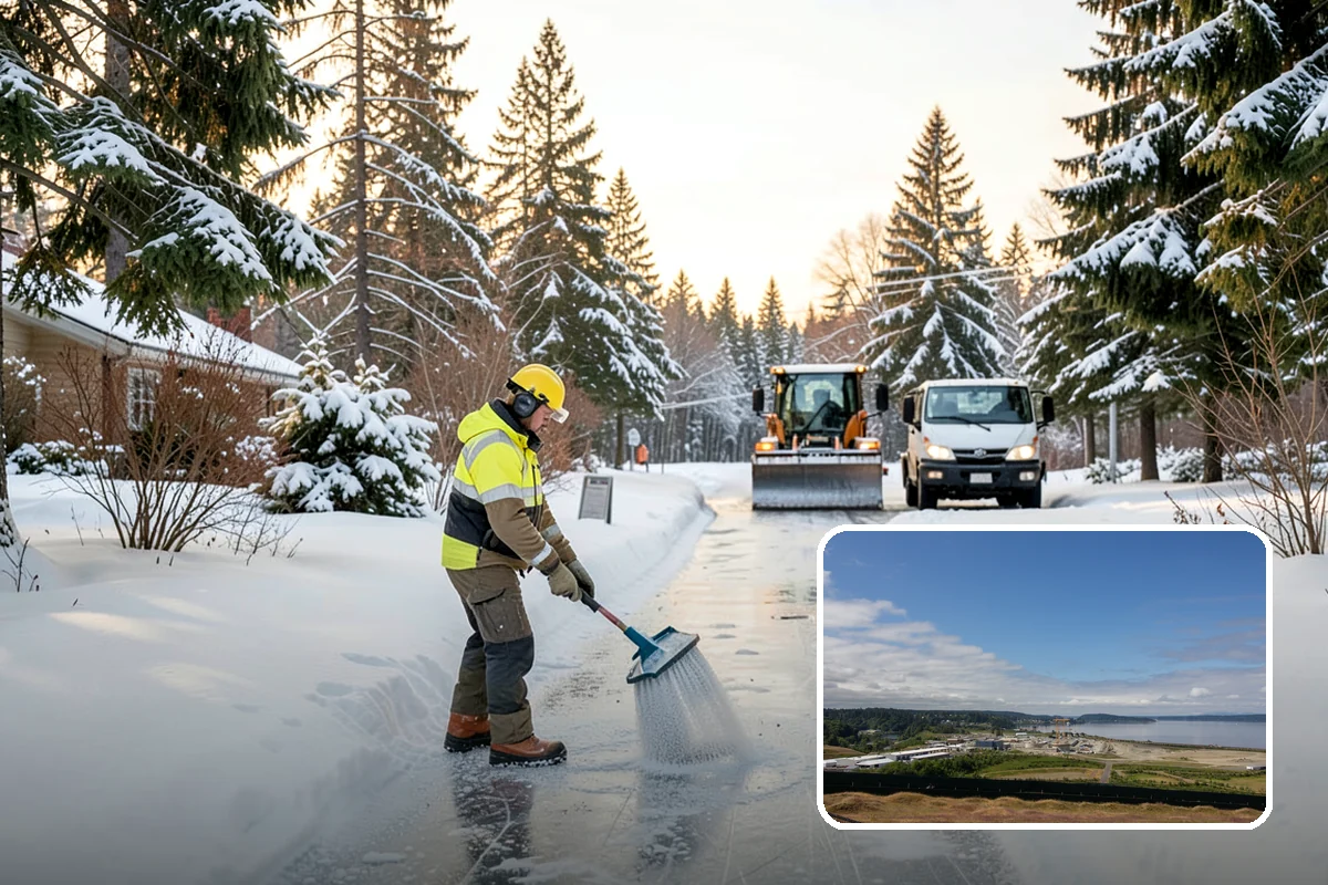 Office Parking Lot Snow Removal in University Place, Pierce County, WA - Early-morning clearing timed to beat the commute