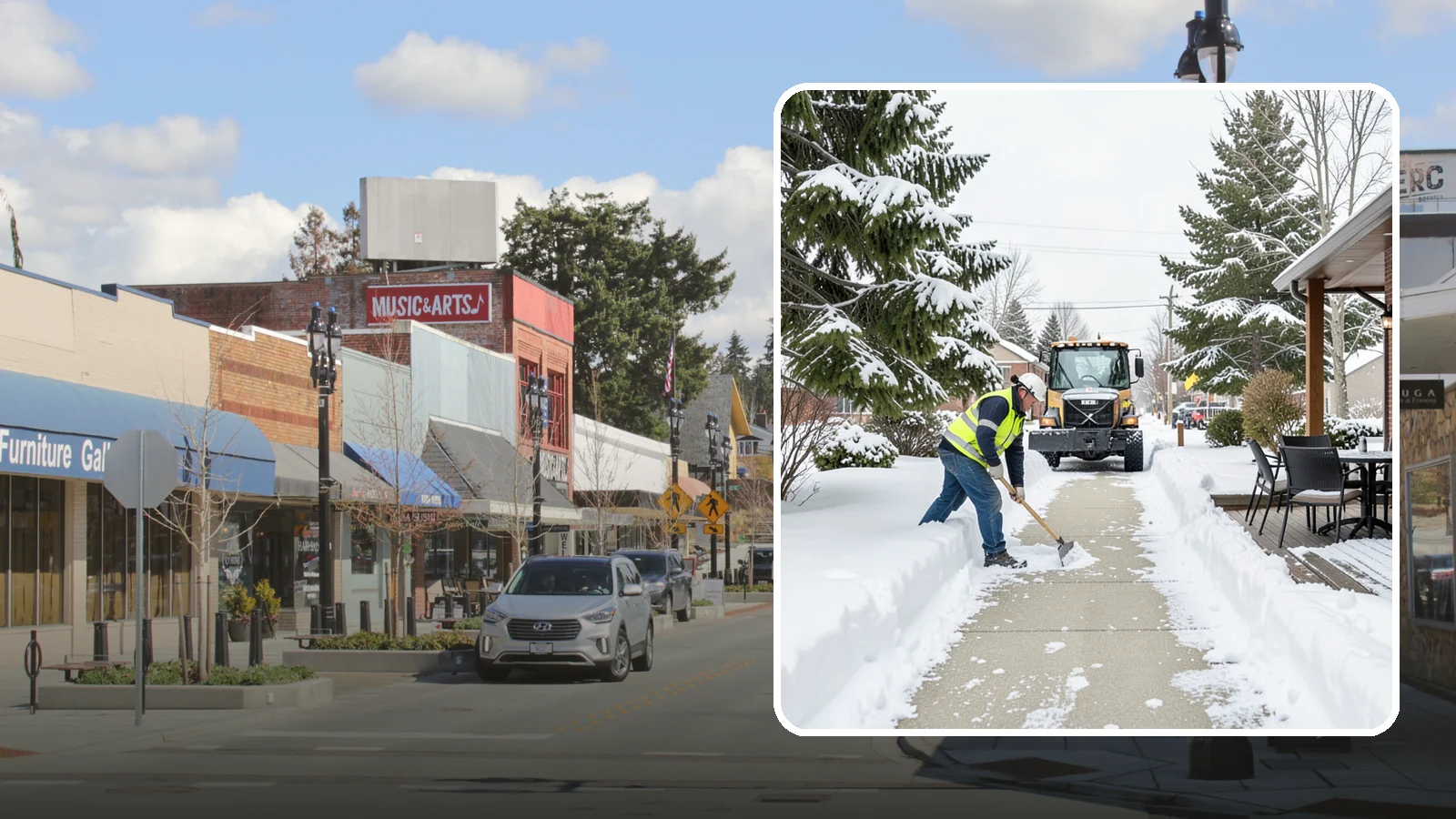 Outdoor Seating Clearing in Bothell, King County, WA - We clear patios, decks, and outdoor dining areas so businesses can reopen seating quickly after Western Washington snow.