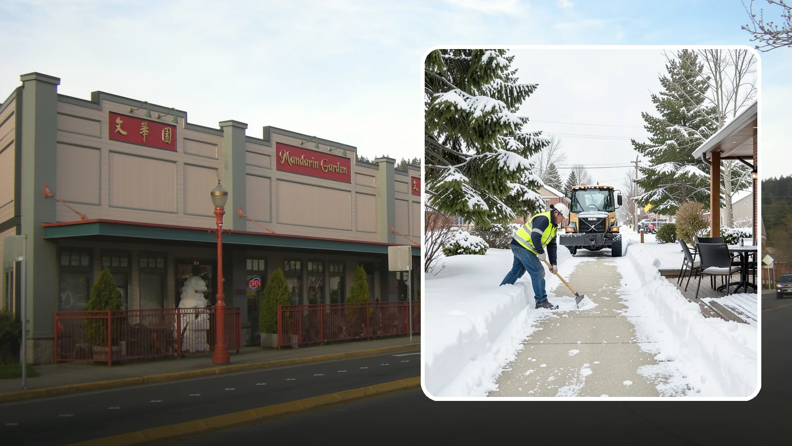 Outdoor Seating Clearing in Issaquah, King County, WA - We clear patios, decks, and outdoor dining areas so businesses can reopen seating quickly after Western Washington snow.