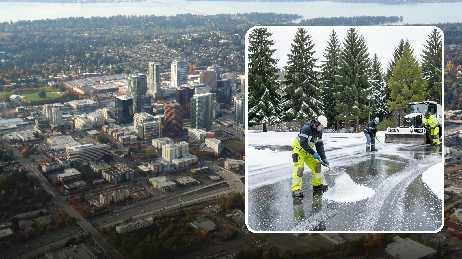 Parking Lot Deicing in Bellevue, King County, WA - We pre-treat and post-treat commercial lots to stop the black ice that follows Western Washington's freezing rain.