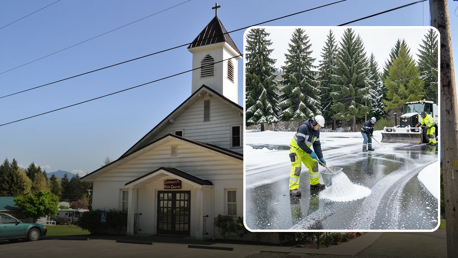 Parking Lot Deicing in Concrete, Skagit County, WA - We pre-treat and post-treat commercial lots to stop the black ice that follows Western Washington's freezing rain.