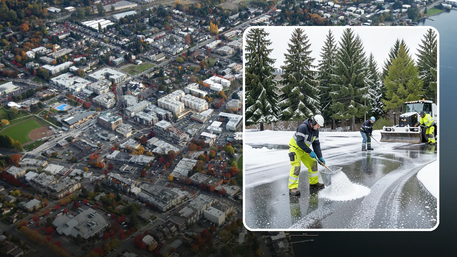 Parking Lot Deicing in Kirkland, King County, WA - We pre-treat and post-treat commercial lots to stop the black ice that follows Western Washington's freezing rain.