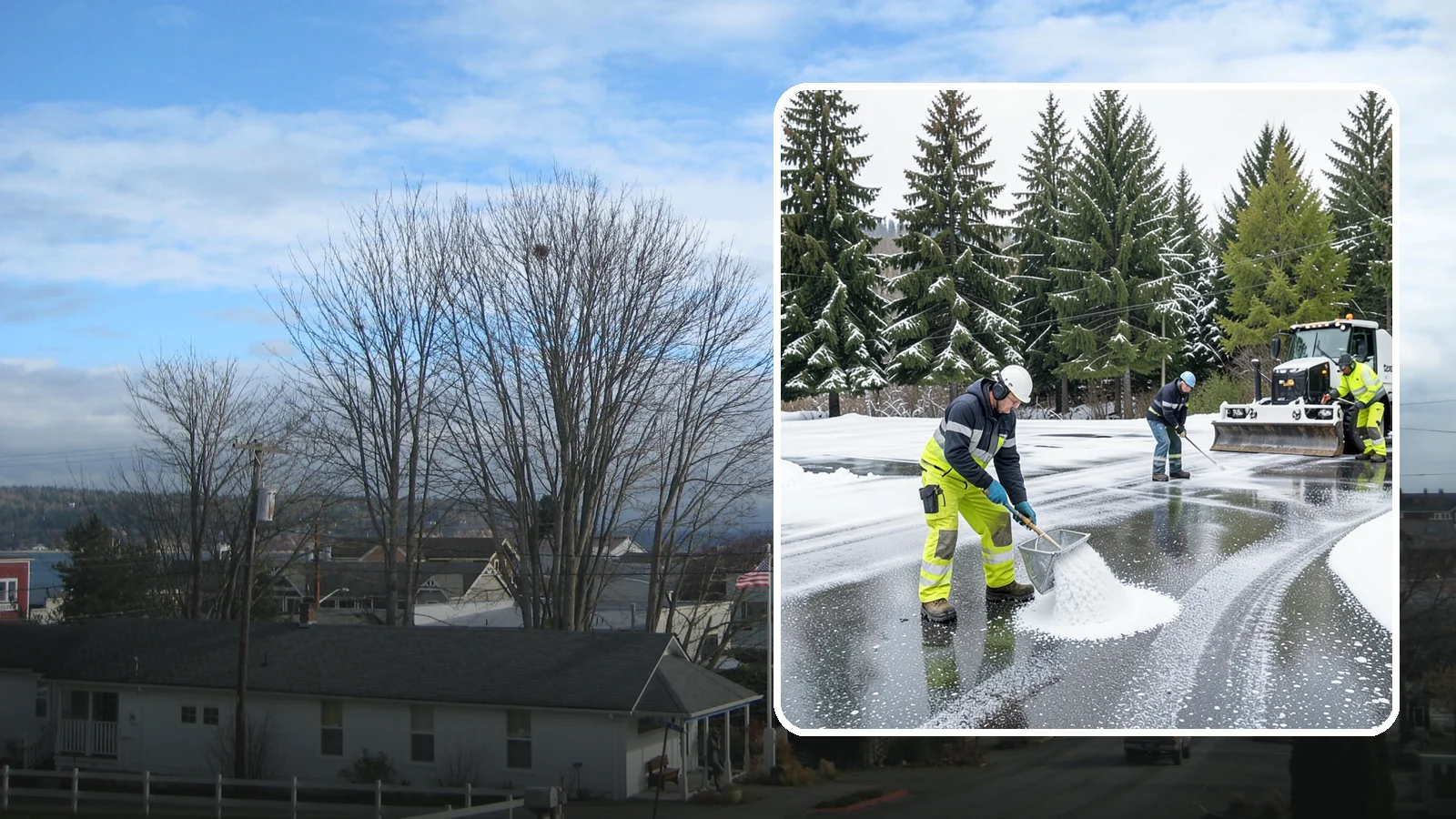 Parking Lot Deicing in Langley, Island County, WA - We pre-treat and post-treat commercial lots to stop the black ice that follows Western Washington's freezing rain.