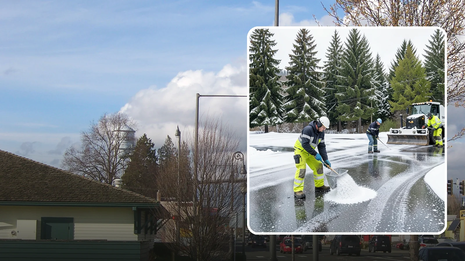 Parking Lot Deicing in Marysville, Snohomish County, WA - We pre-treat and post-treat commercial lots to stop the black ice that follows Western Washington's freezing rain.