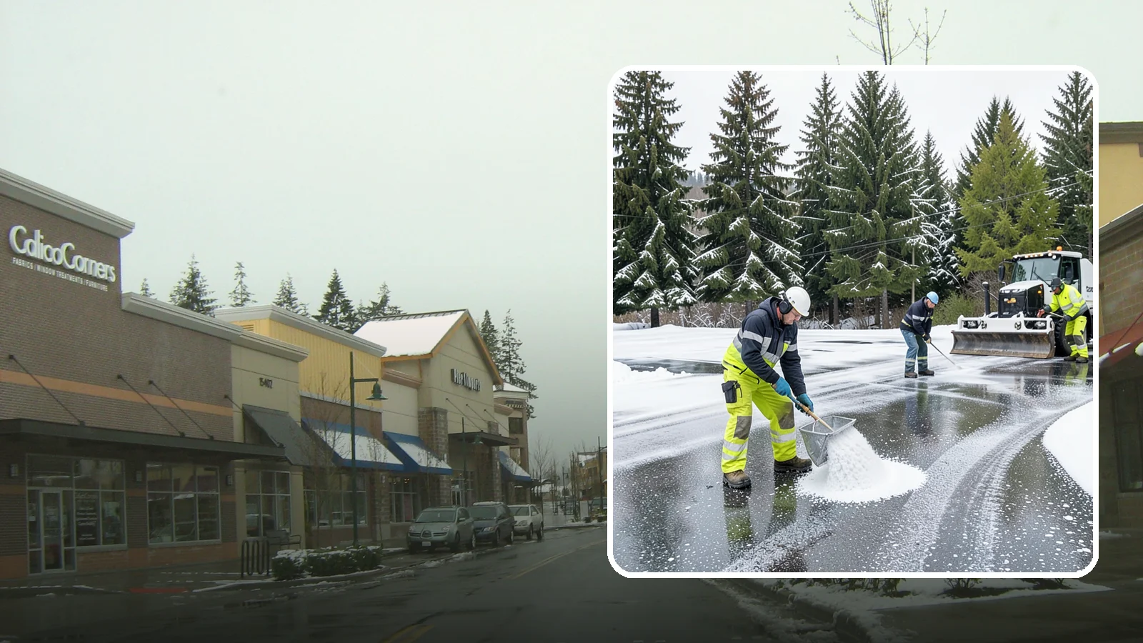 Parking Lot Deicing in Mill Creek, Snohomish County, WA - We pre-treat and post-treat commercial lots to stop the black ice that follows Western Washington's freezing rain.