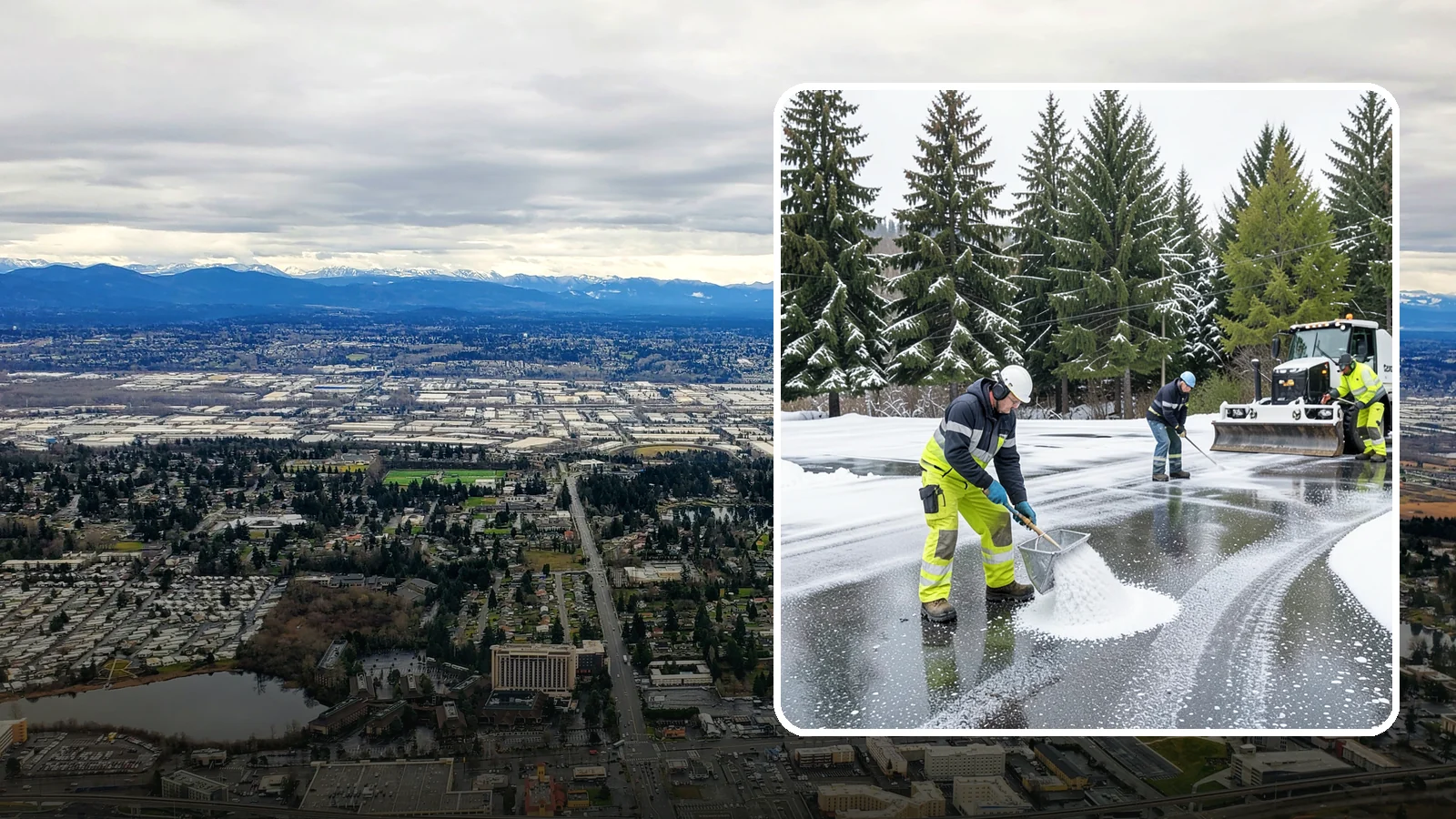 Parking Lot Deicing in SeaTac, King County, WA - We pre-treat and post-treat commercial lots to stop the black ice that follows Western Washington's freezing rain.