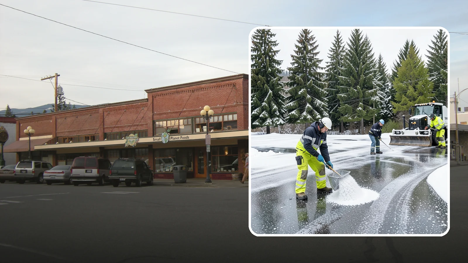 Parking Lot Deicing in Sedro-Woolley, Skagit County, WA - We pre-treat and post-treat commercial lots to stop the black ice that follows Western Washington's freezing rain.