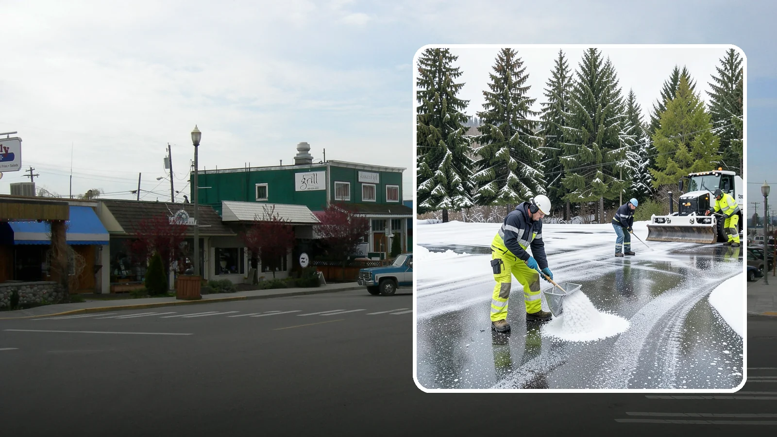 Parking Lot Deicing in Stanwood, Snohomish County, WA - We pre-treat and post-treat commercial lots to stop the black ice that follows Western Washington's freezing rain.