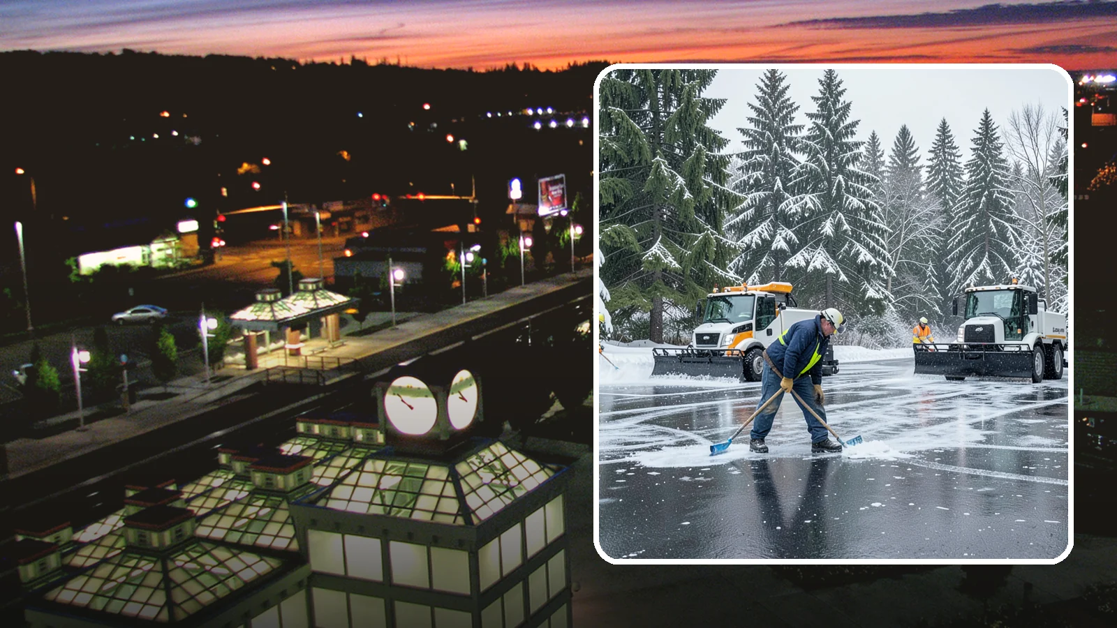 Parking Lot Ice Removal in Auburn, King County, WA - We break up and clear stubborn ice sheets that form after Western Washington's thaw-and-refreeze cycles.