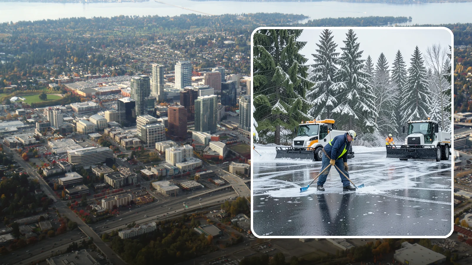 Parking Lot Ice Removal in Bellevue, King County, WA - We break up and clear stubborn ice sheets that form after Western Washington's thaw-and-refreeze cycles.