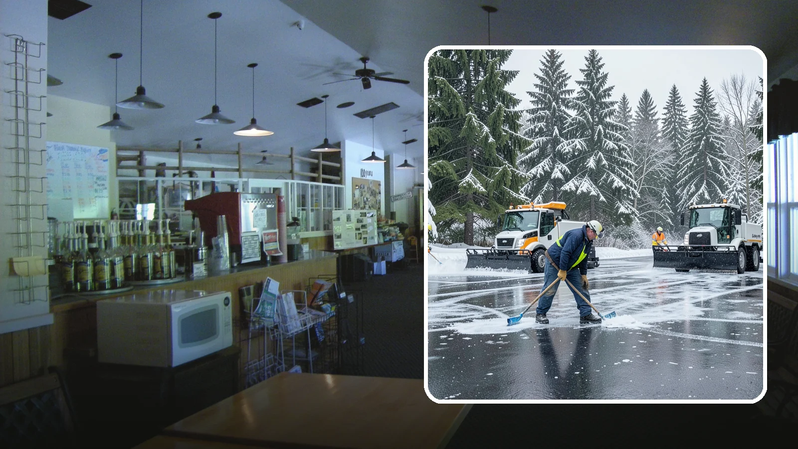 Parking Lot Ice Removal in Black Diamond, King County, WA - We break up and clear stubborn ice sheets that form after Western Washington's thaw-and-refreeze cycles.