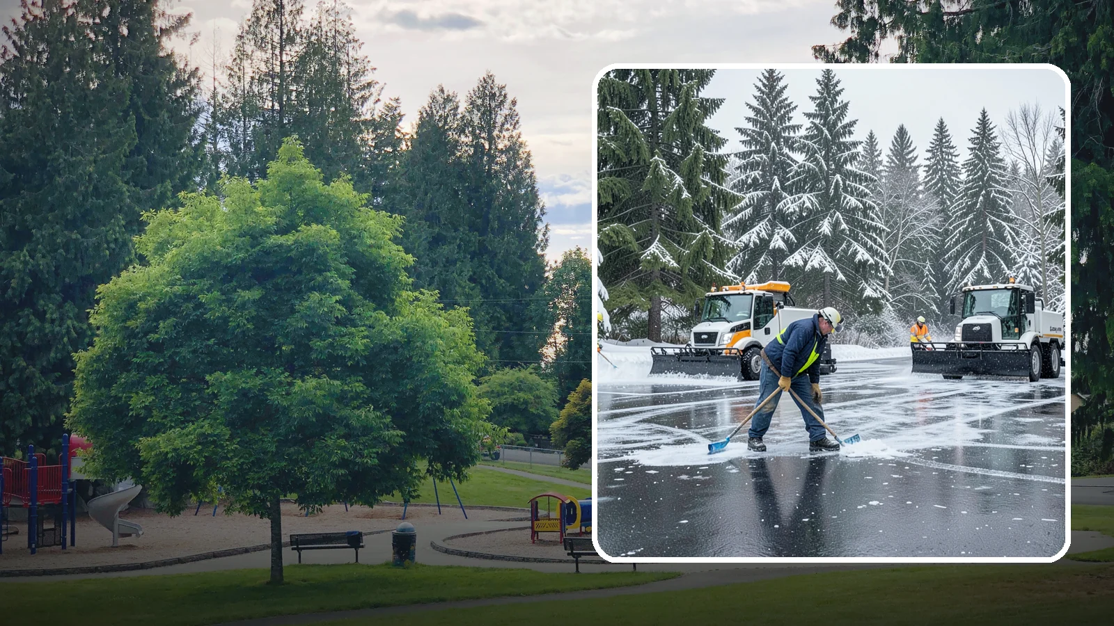 Parking Lot Ice Removal in Bonney Lake, Pierce County, WA - We break up and clear stubborn ice sheets that form after Western Washington's thaw-and-refreeze cycles.