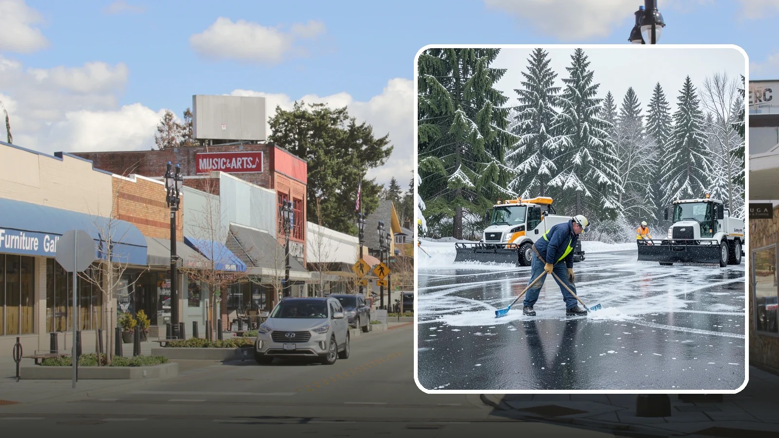 Parking Lot Ice Removal in Bothell, King County, WA - We break up and clear stubborn ice sheets that form after Western Washington's thaw-and-refreeze cycles.