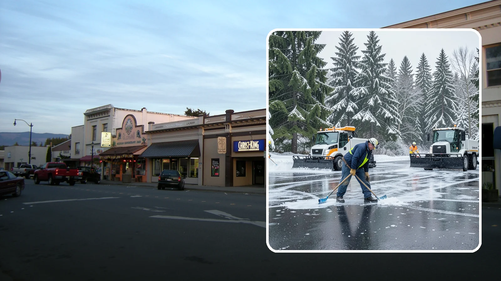 Parking Lot Ice Removal in Burlington, Skagit County, WA - We break up and clear stubborn ice sheets that form after Western Washington's thaw-and-refreeze cycles.