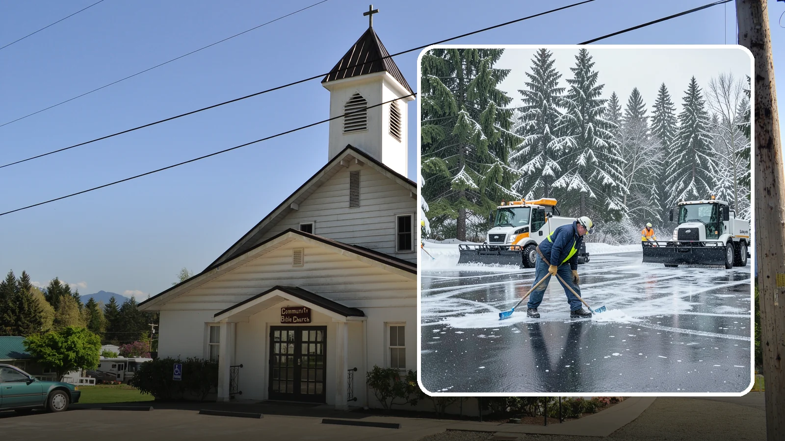 Parking Lot Ice Removal in Concrete, Skagit County, WA - We break up and clear stubborn ice sheets that form after Western Washington's thaw-and-refreeze cycles.