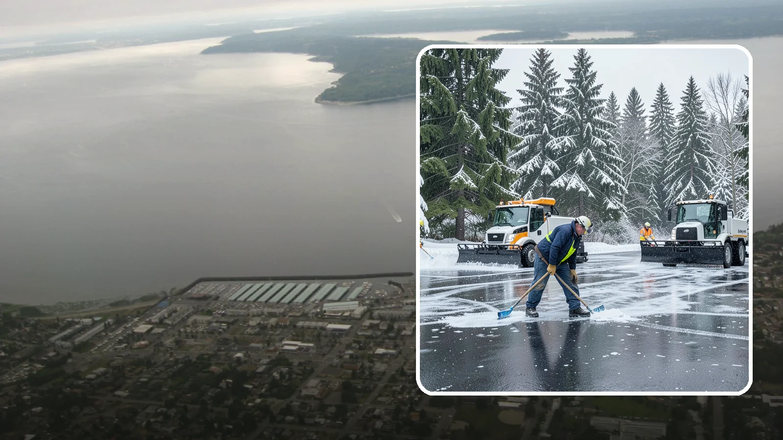 Parking Lot Ice Removal in Des Moines, King County, WA - We break up and clear stubborn ice sheets that form after Western Washington's thaw-and-refreeze cycles.