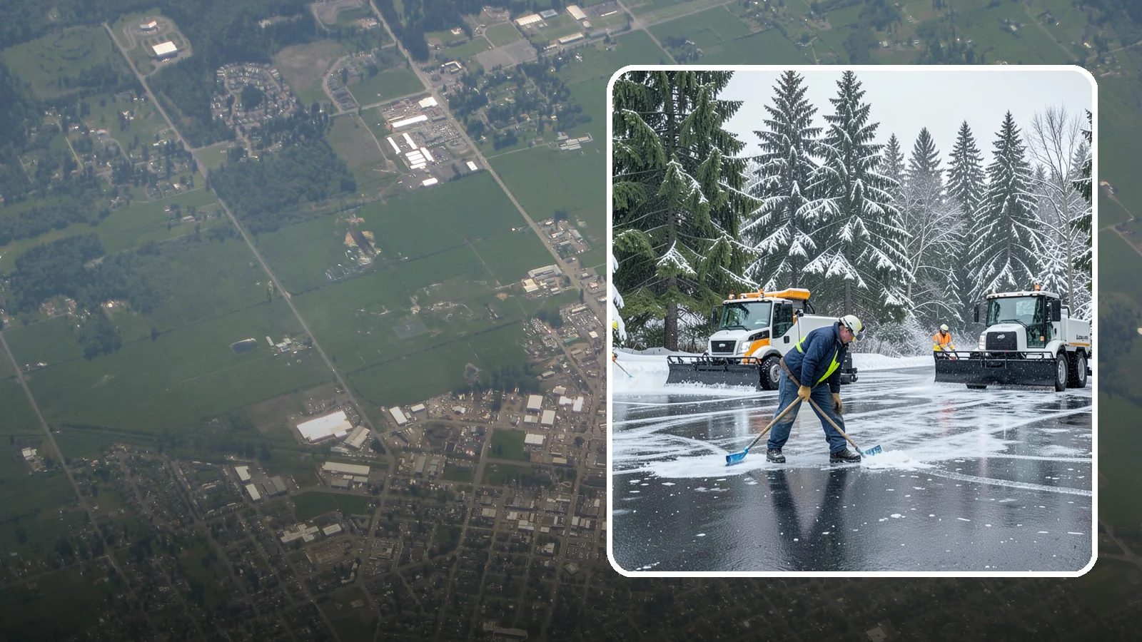 Parking Lot Ice Removal in Enumclaw, King County, WA - We break up and clear stubborn ice sheets that form after Western Washington's thaw-and-refreeze cycles.