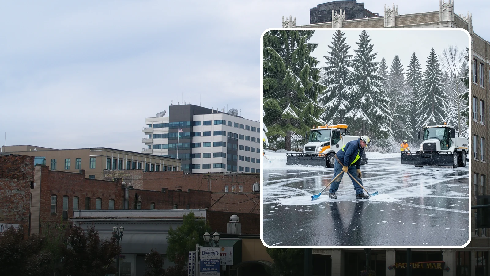 Parking Lot Ice Removal in Everett, Snohomish County, WA - We break up and clear stubborn ice sheets that form after Western Washington's thaw-and-refreeze cycles.