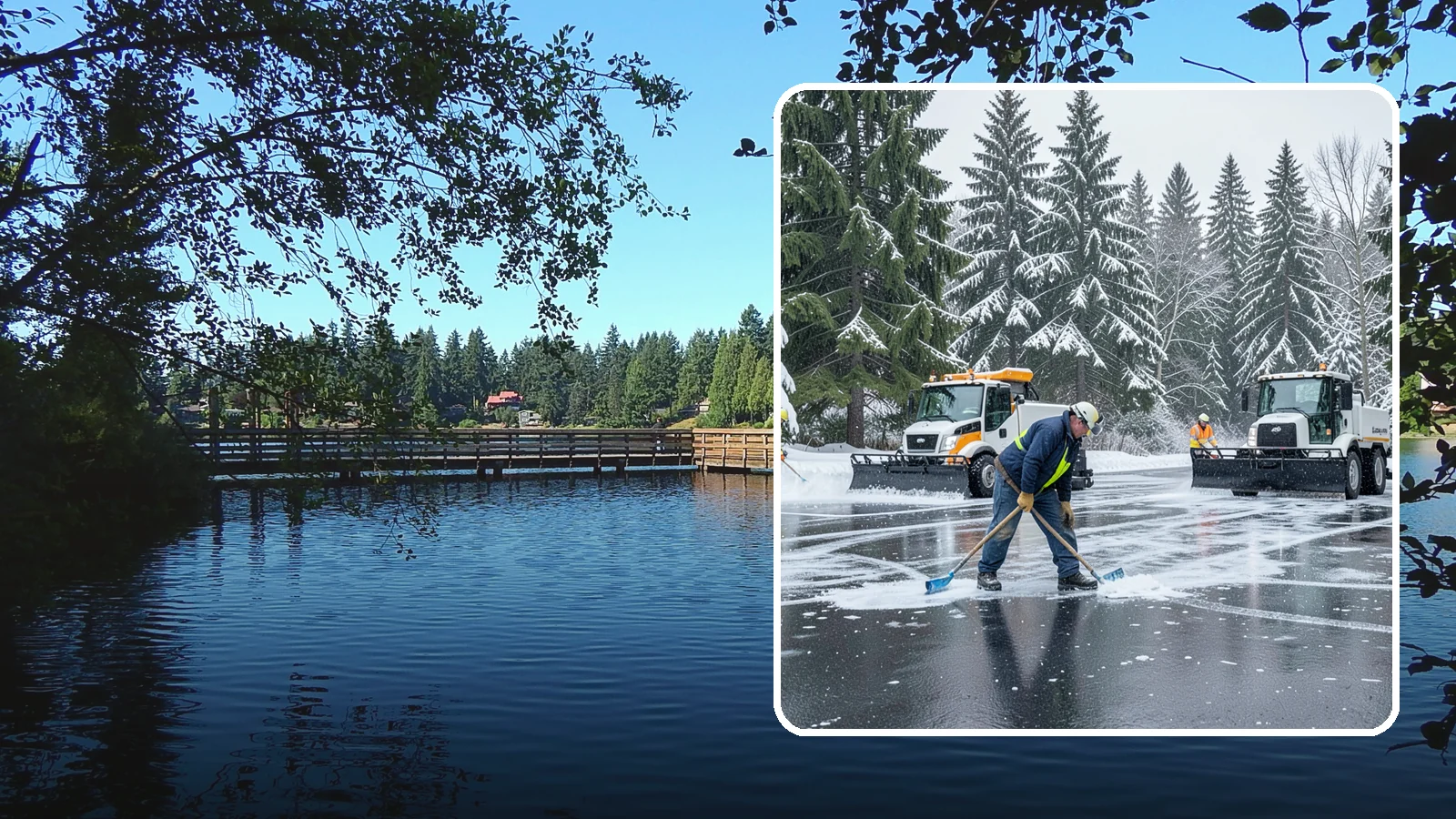 Parking Lot Ice Removal in Federal Way, King County, WA - We break up and clear stubborn ice sheets that form after Western Washington's thaw-and-refreeze cycles.