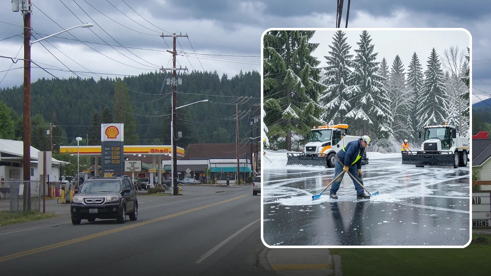 Parking Lot Ice Removal in Granite Falls, Snohomish County, WA - We break up and clear stubborn ice sheets that form after Western Washington's thaw-and-refreeze cycles.