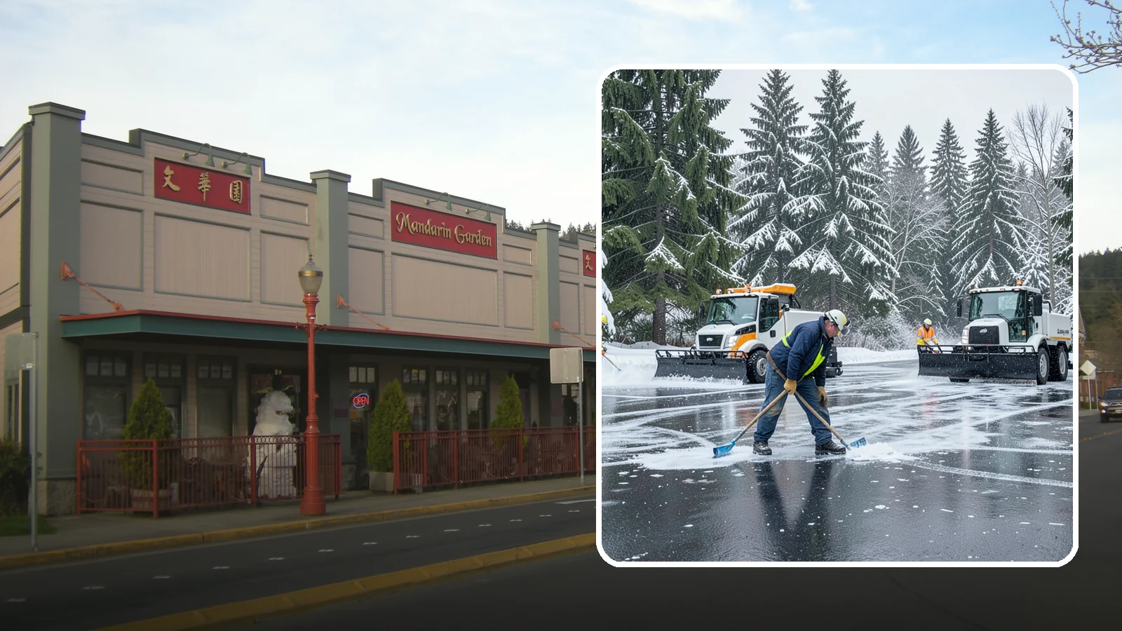 Parking Lot Ice Removal in Issaquah, King County, WA - We break up and clear stubborn ice sheets that form after Western Washington's thaw-and-refreeze cycles.