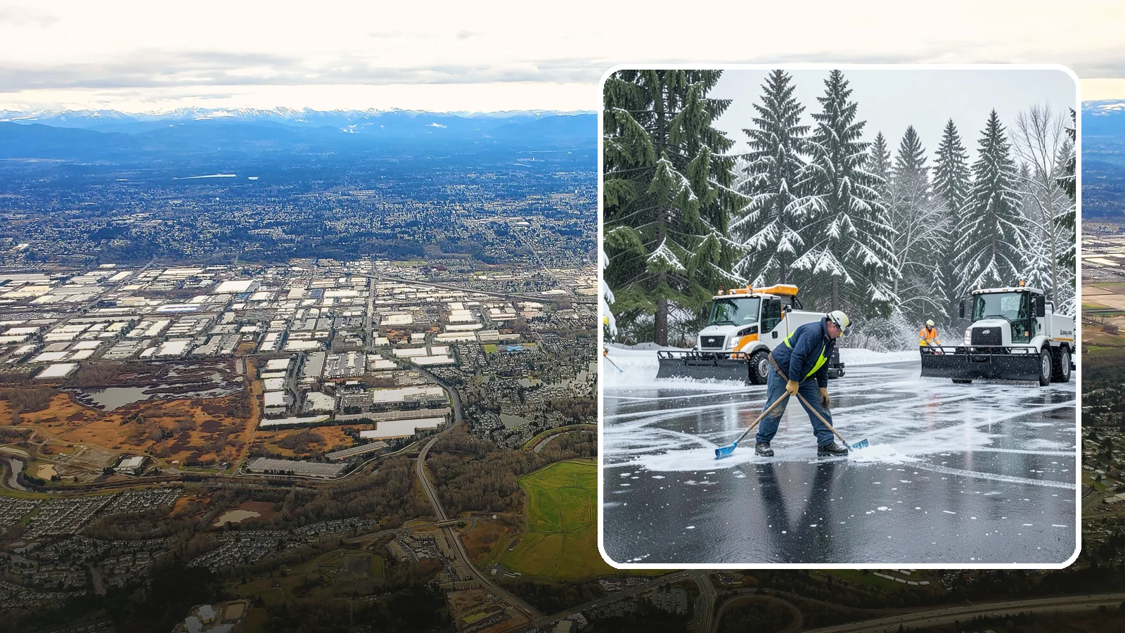 Parking Lot Ice Removal in Kent, King County, WA - We break up and clear stubborn ice sheets that form after Western Washington's thaw-and-refreeze cycles.
