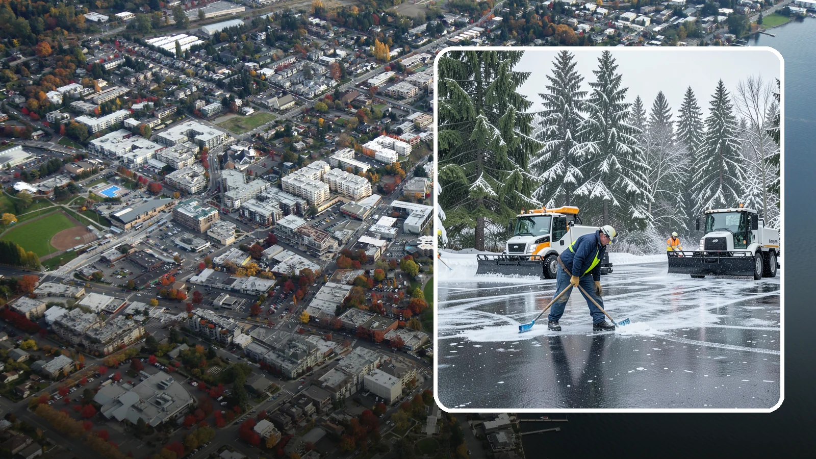 Parking Lot Ice Removal in Kirkland, King County, WA - We break up and clear stubborn ice sheets that form after Western Washington's thaw-and-refreeze cycles.