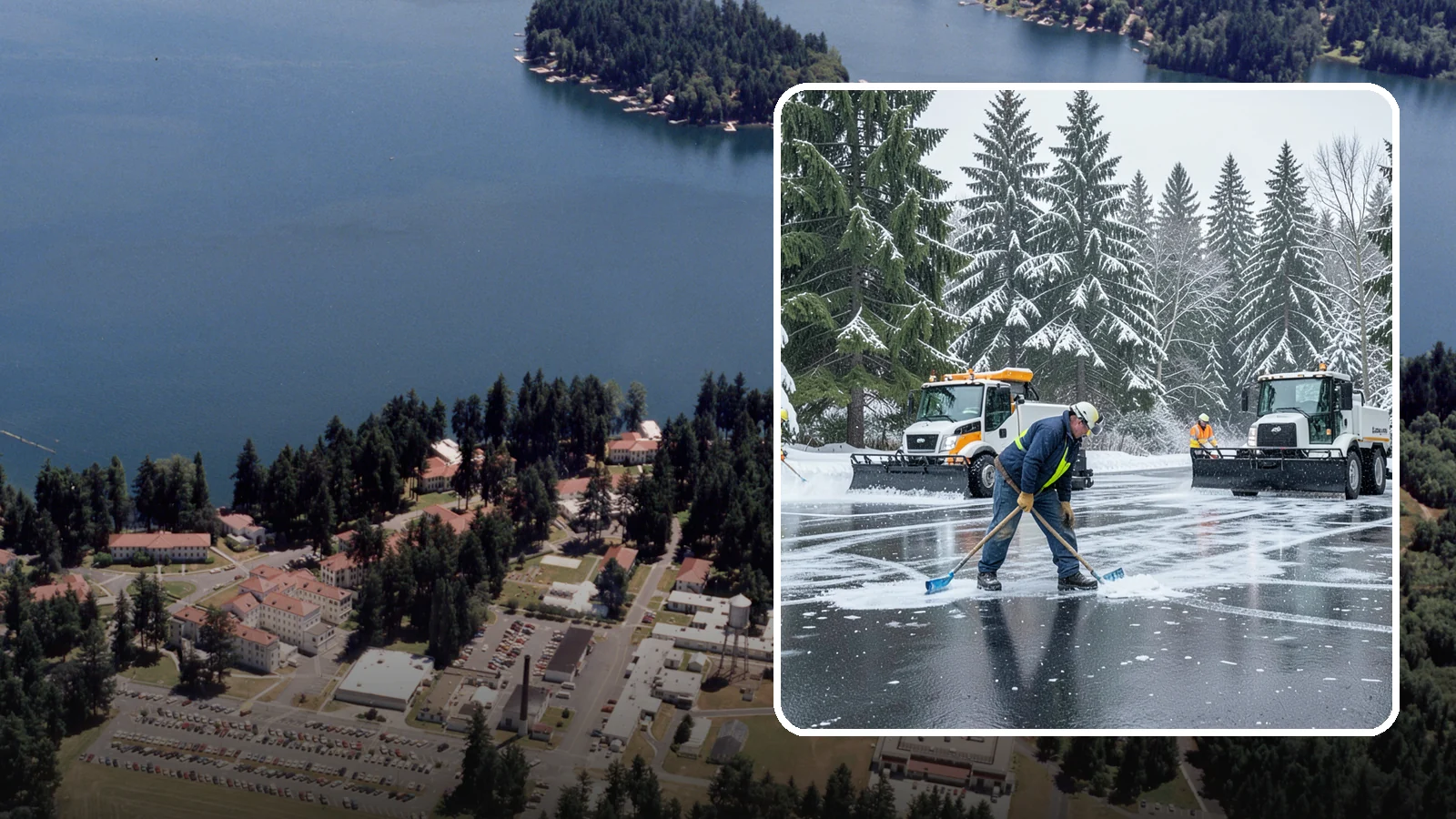 Parking Lot Ice Removal in Lakewood, Pierce County, WA - We break up and clear stubborn ice sheets that form after Western Washington's thaw-and-refreeze cycles.