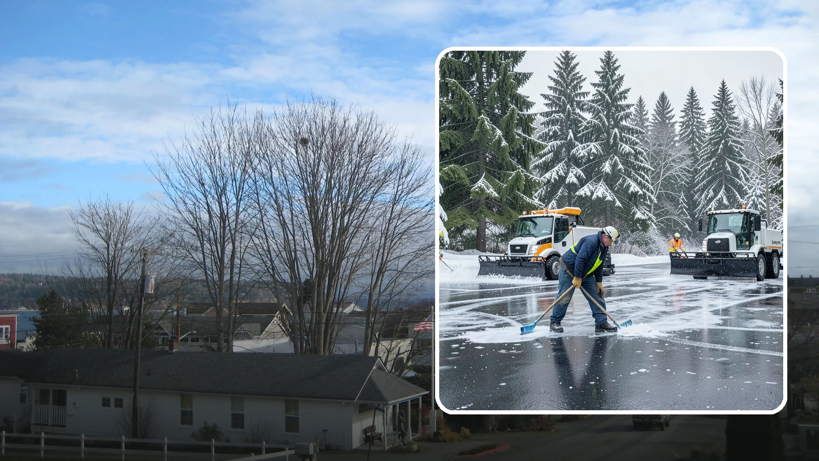 Parking Lot Ice Removal in Langley, Island County, WA - We break up and clear stubborn ice sheets that form after Western Washington's thaw-and-refreeze cycles.