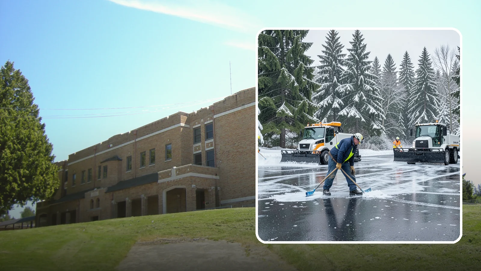 Parking Lot Ice Removal in Maple Valley, King County, WA - We break up and clear stubborn ice sheets that form after Western Washington's thaw-and-refreeze cycles.