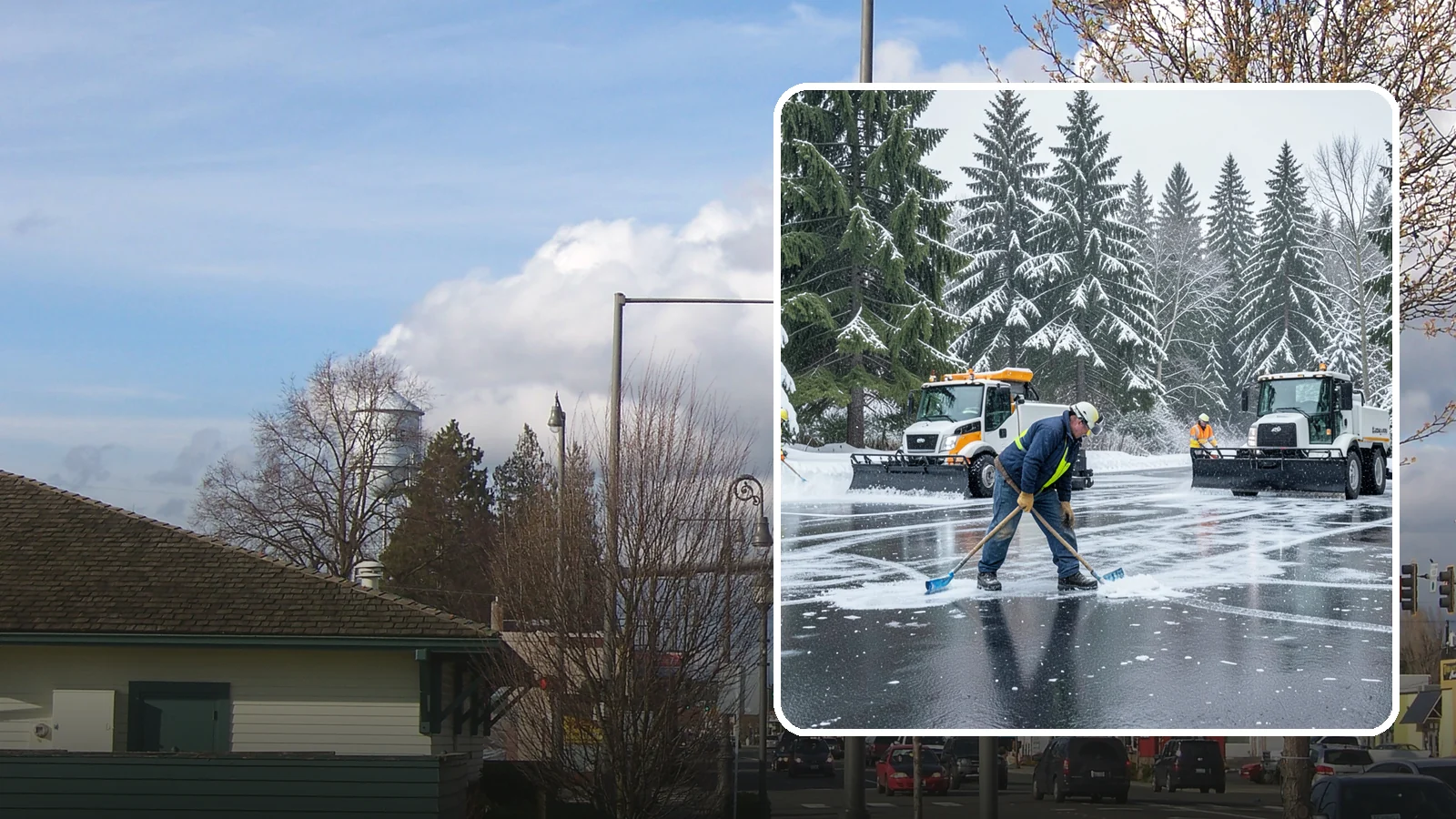 Parking Lot Ice Removal in Marysville, Snohomish County, WA - We break up and clear stubborn ice sheets that form after Western Washington's thaw-and-refreeze cycles.