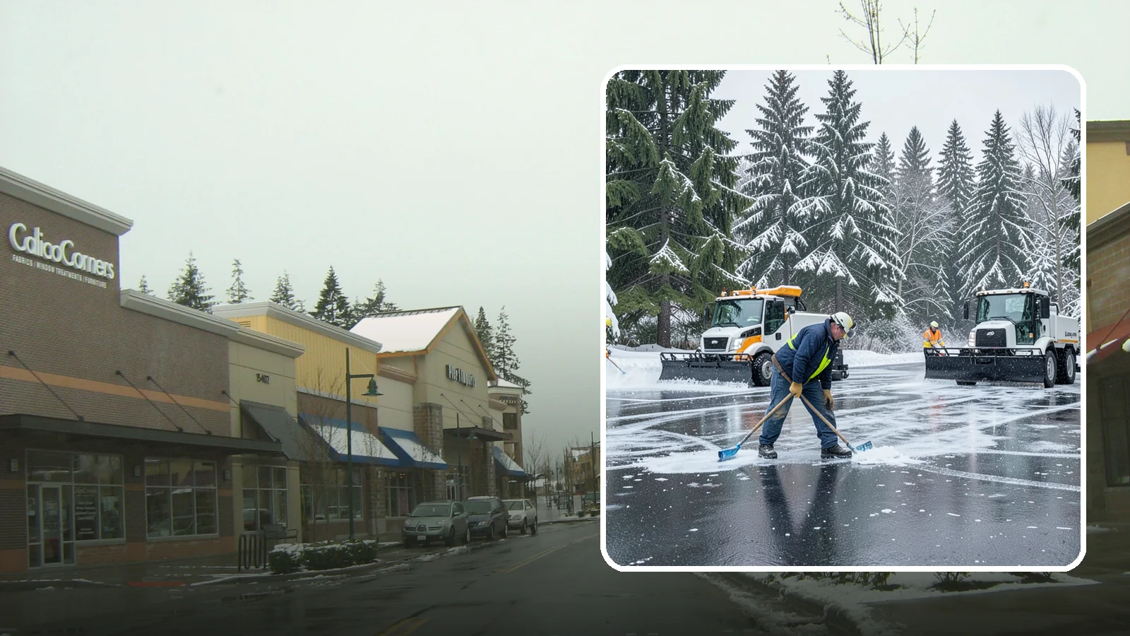 Parking Lot Ice Removal in Mill Creek, Snohomish County, WA - We break up and clear stubborn ice sheets that form after Western Washington's thaw-and-refreeze cycles.