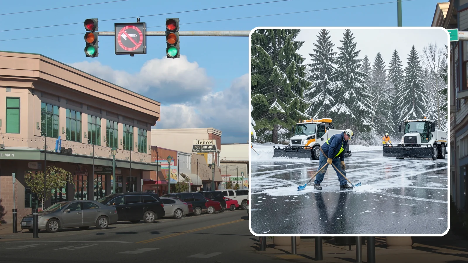Parking Lot Ice Removal in Monroe, Snohomish County, WA - We break up and clear stubborn ice sheets that form after Western Washington's thaw-and-refreeze cycles.