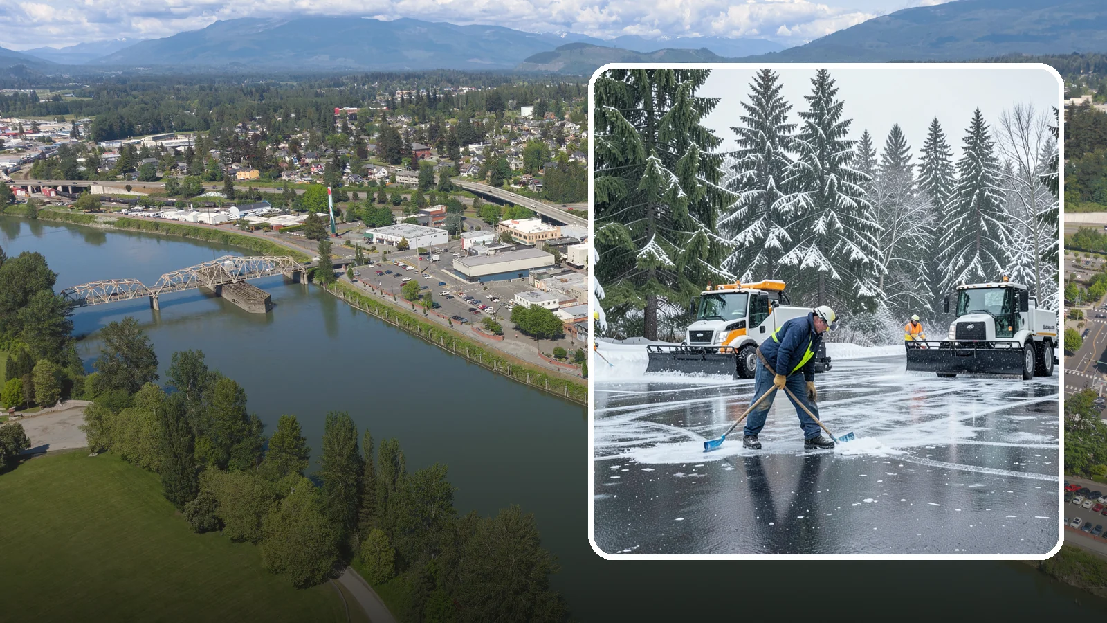 Parking Lot Ice Removal in Mount Vernon, Skagit County, WA - We break up and clear stubborn ice sheets that form after Western Washington's thaw-and-refreeze cycles.