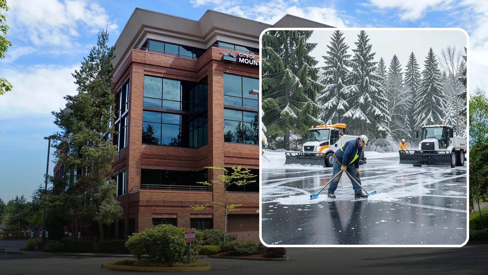 Parking Lot Ice Removal in Mountlake Terrace, Snohomish County, WA - We break up and clear stubborn ice sheets that form after Western Washington's thaw-and-refreeze cycles.