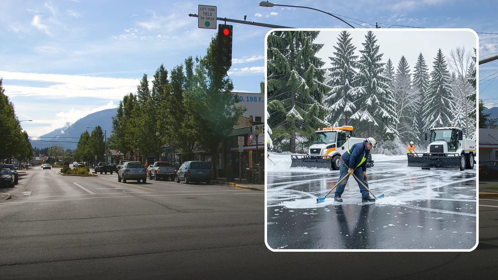 Parking Lot Ice Removal in North Bend, King County, WA - We break up and clear stubborn ice sheets that form after Western Washington's thaw-and-refreeze cycles.