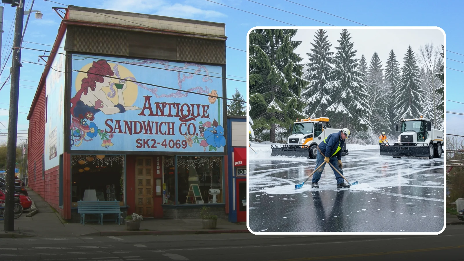 Parking Lot Ice Removal in Ruston, Pierce County, WA - We break up and clear stubborn ice sheets that form after Western Washington's thaw-and-refreeze cycles.