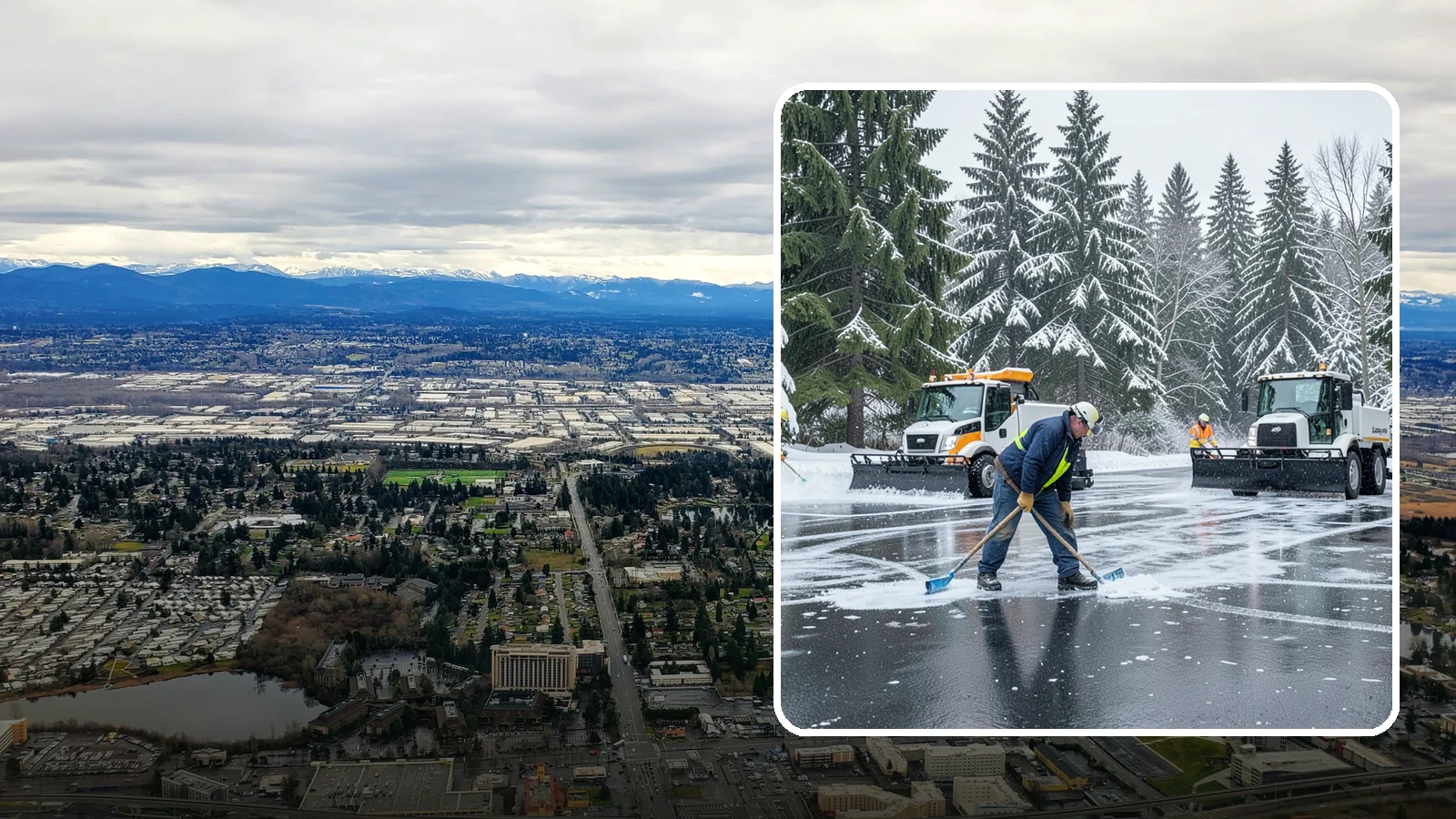 Parking Lot Ice Removal in SeaTac, King County, WA - We break up and clear stubborn ice sheets that form after Western Washington's thaw-and-refreeze cycles.