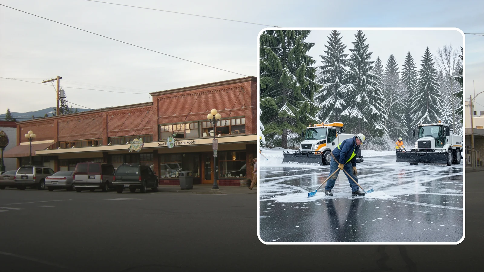 Parking Lot Ice Removal in Sedro-Woolley, Skagit County, WA - We break up and clear stubborn ice sheets that form after Western Washington's thaw-and-refreeze cycles.