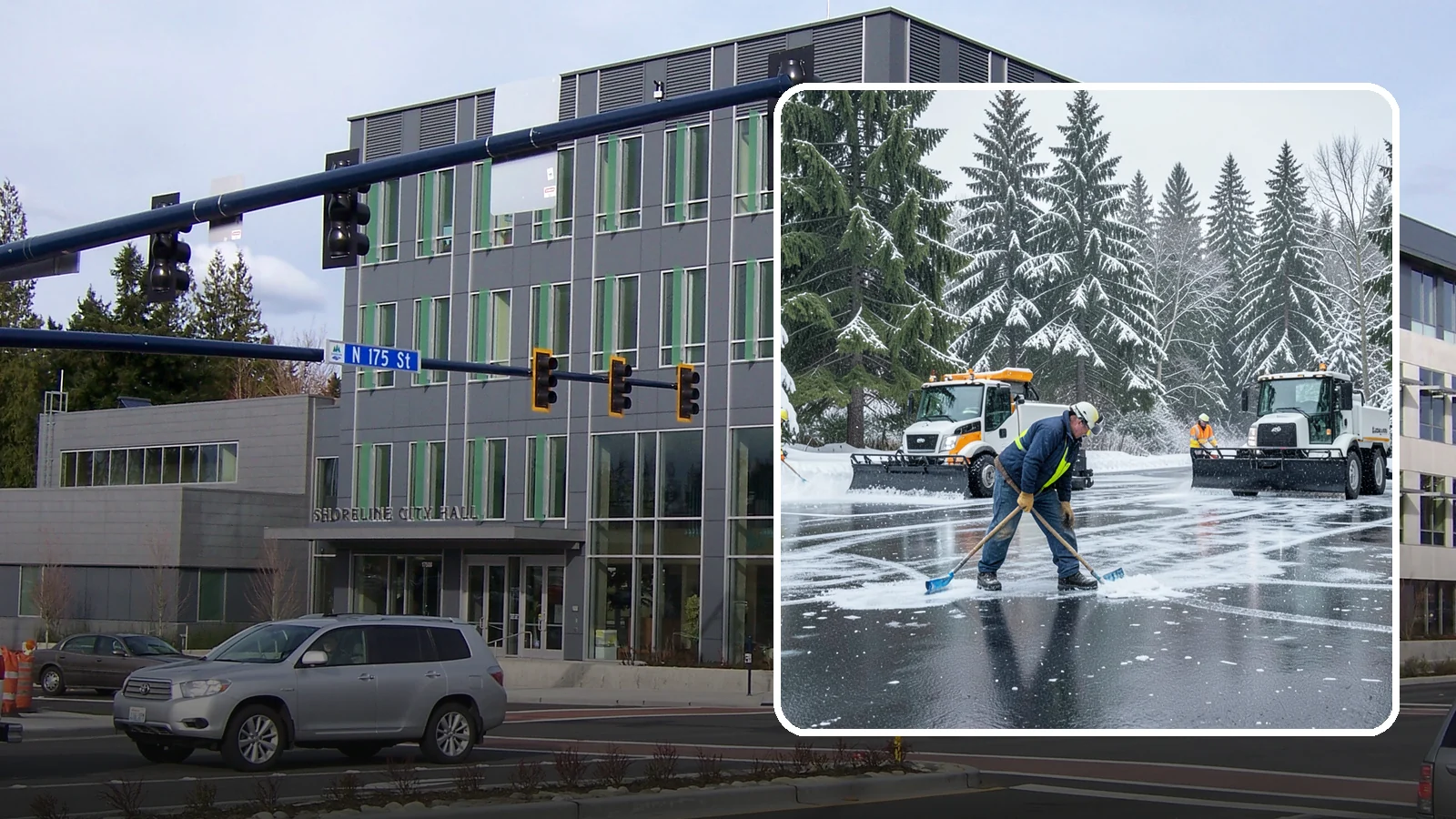Parking Lot Ice Removal in Shoreline, King County, WA - We break up and clear stubborn ice sheets that form after Western Washington's thaw-and-refreeze cycles.