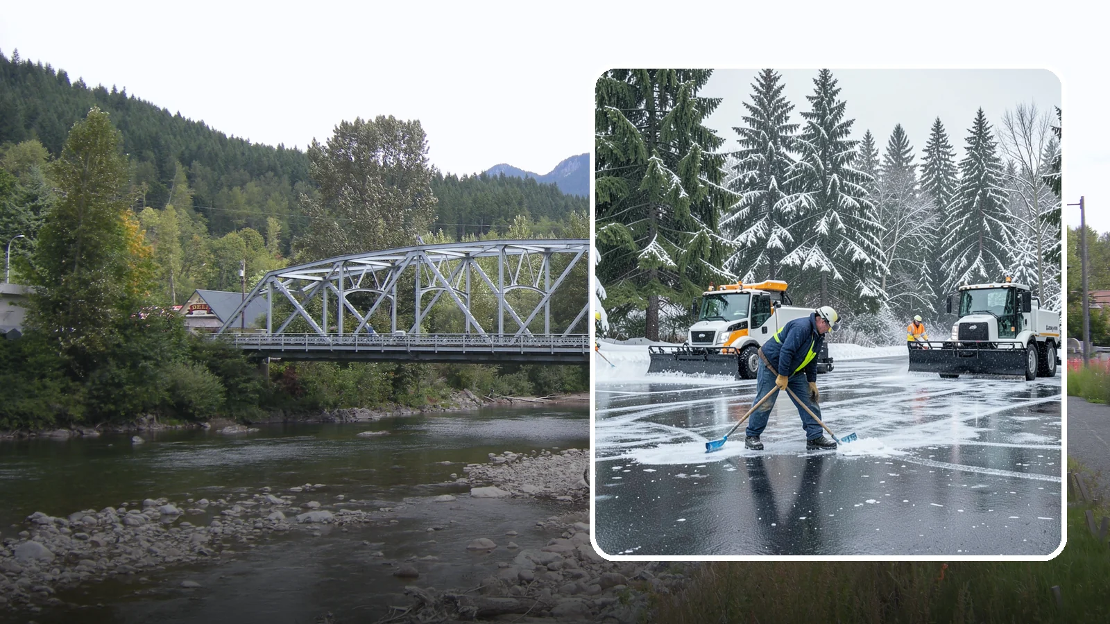 Parking Lot Ice Removal in Skykomish, King County, WA - We break up and clear stubborn ice sheets that form after Western Washington's thaw-and-refreeze cycles.