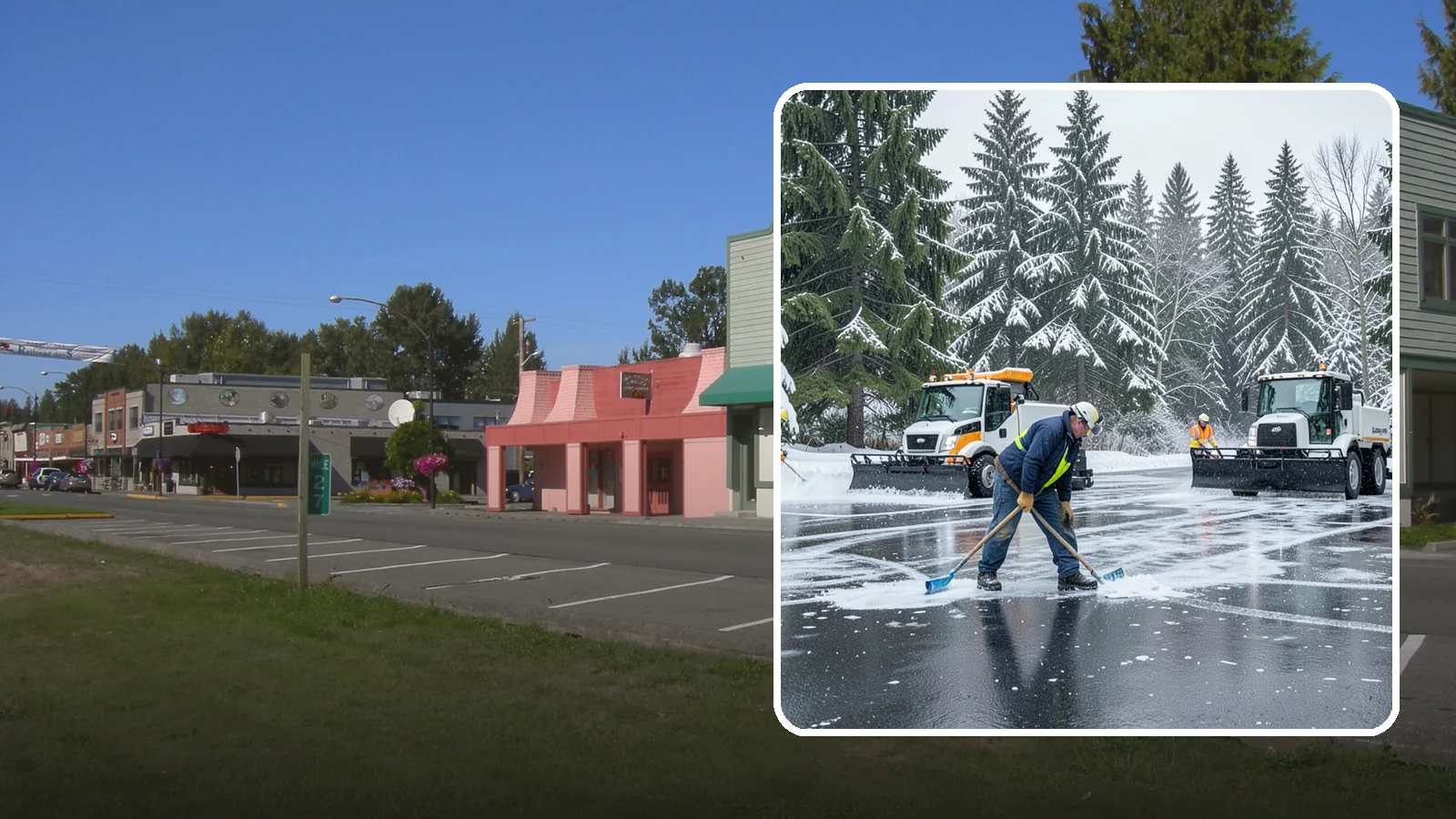 Parking Lot Ice Removal in Snoqualmie, King County, WA - We break up and clear stubborn ice sheets that form after Western Washington's thaw-and-refreeze cycles.