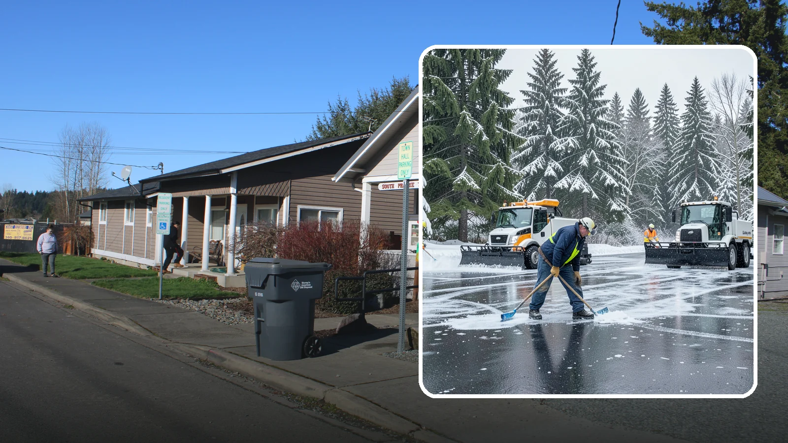 Parking Lot Ice Removal in South Prairie, Pierce County, WA - We break up and clear stubborn ice sheets that form after Western Washington's thaw-and-refreeze cycles.