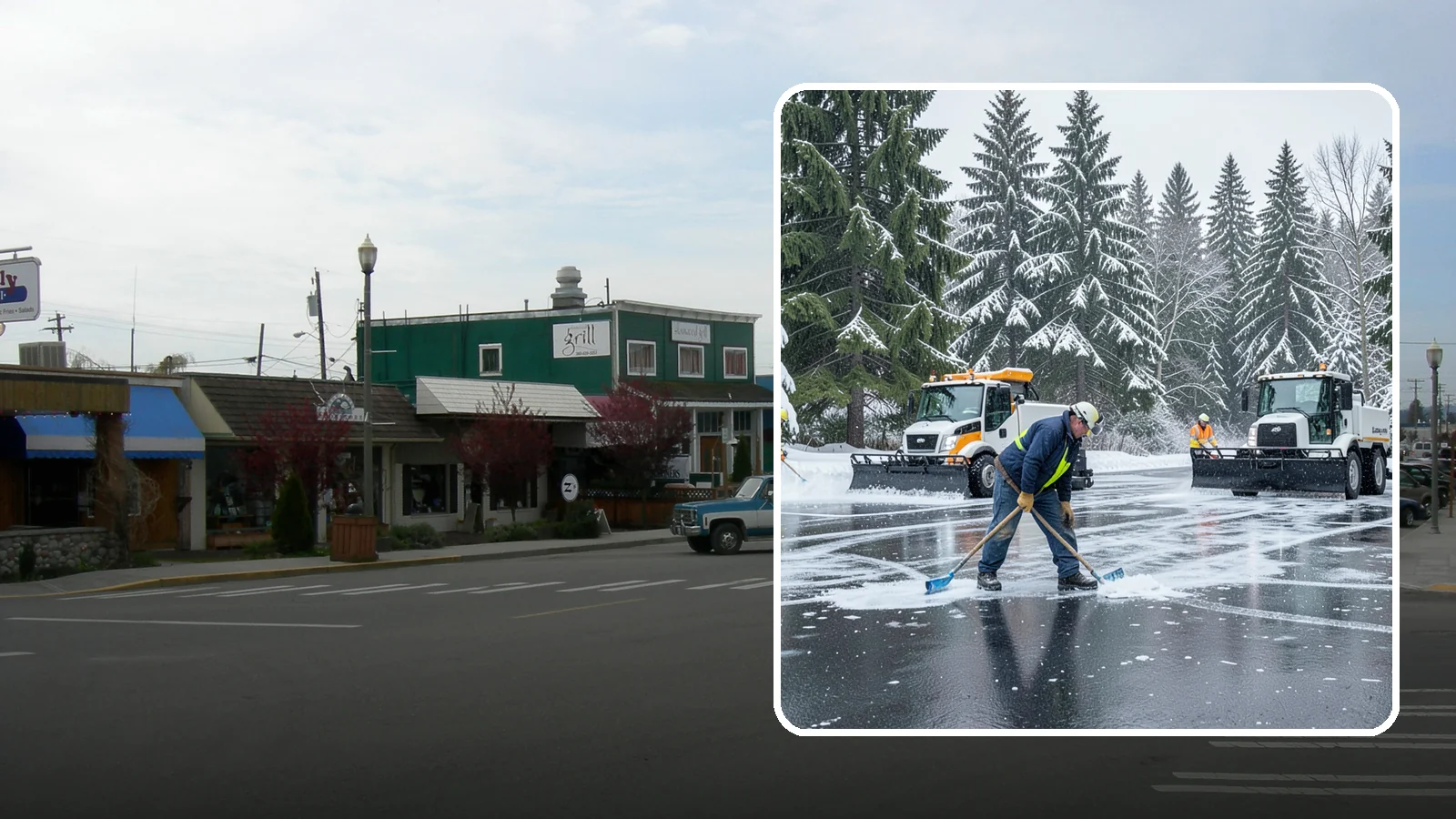 Parking Lot Ice Removal in Stanwood, Snohomish County, WA - We break up and clear stubborn ice sheets that form after Western Washington's thaw-and-refreeze cycles.