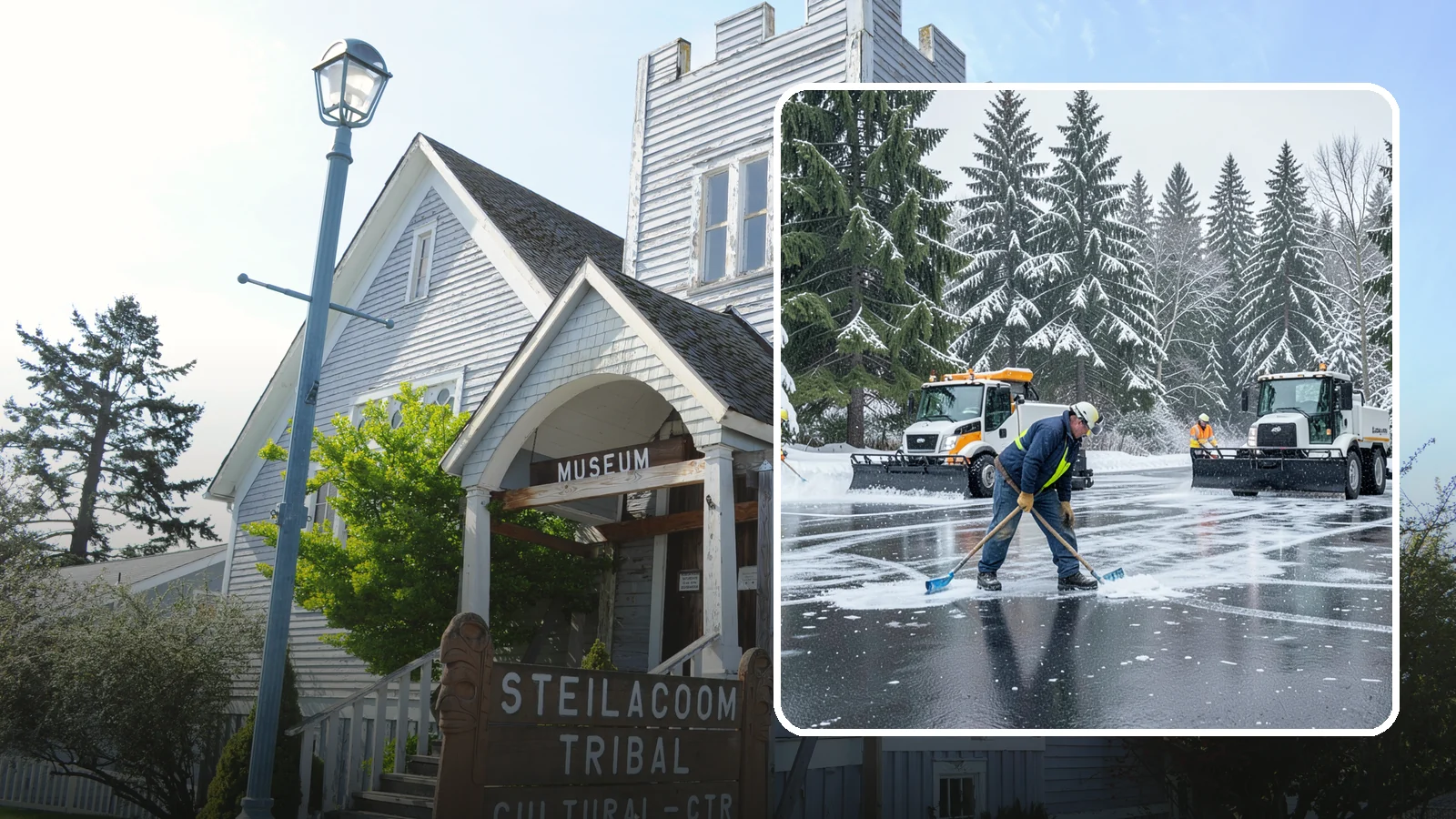 Parking Lot Ice Removal in Steilacoom, Pierce County, WA - We break up and clear stubborn ice sheets that form after Western Washington's thaw-and-refreeze cycles.