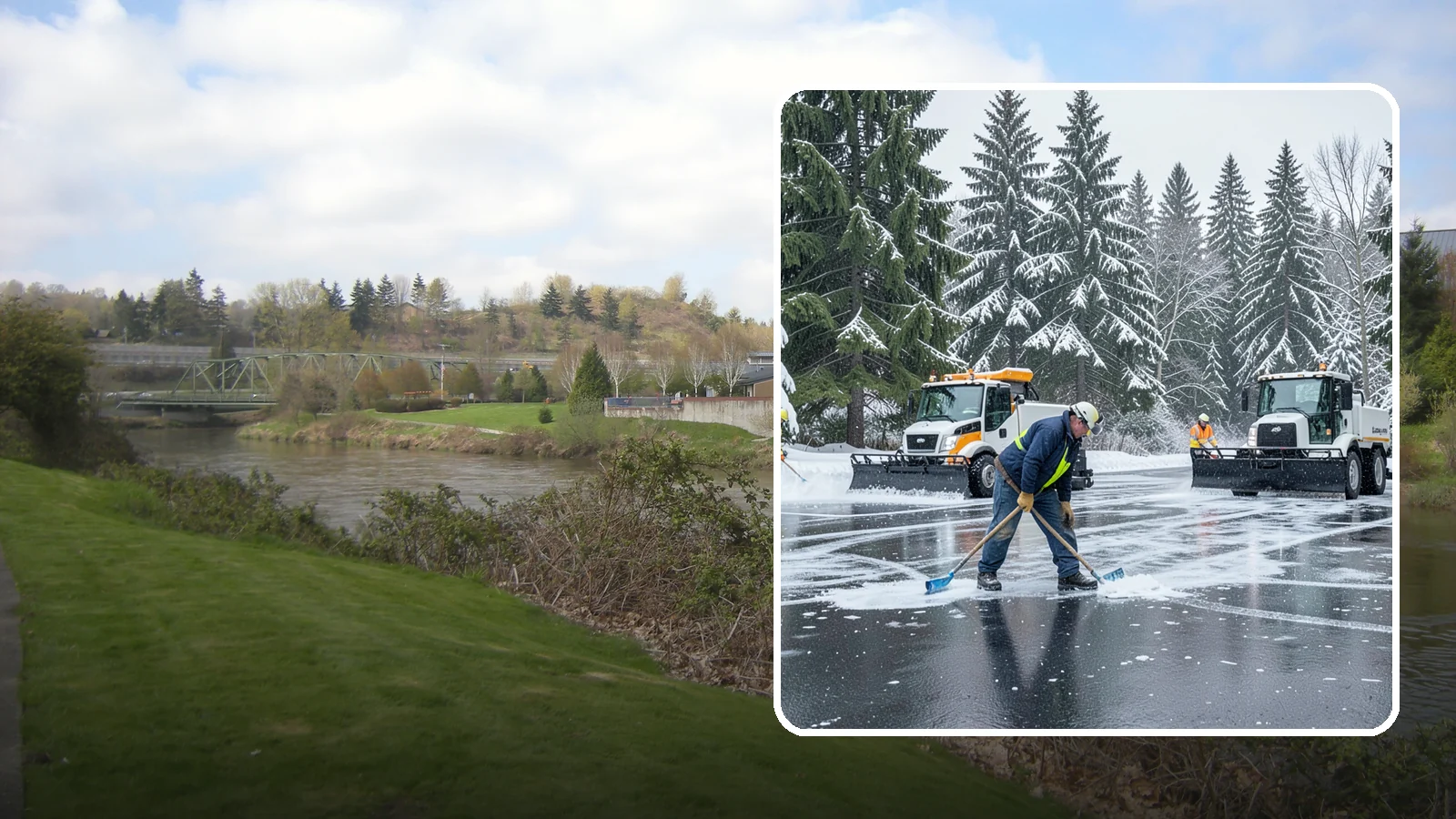 Parking Lot Ice Removal in Tukwila, King County, WA - We break up and clear stubborn ice sheets that form after Western Washington's thaw-and-refreeze cycles.