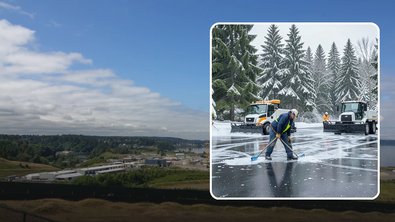 Parking Lot Ice Removal in University Place, Pierce County, WA - We break up and clear stubborn ice sheets that form after Western Washington's thaw-and-refreeze cycles.